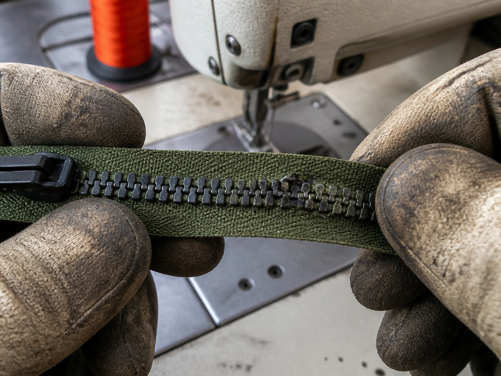 Close-up of cracked tent zipper teeth beyond DIY repair, held in gloves.