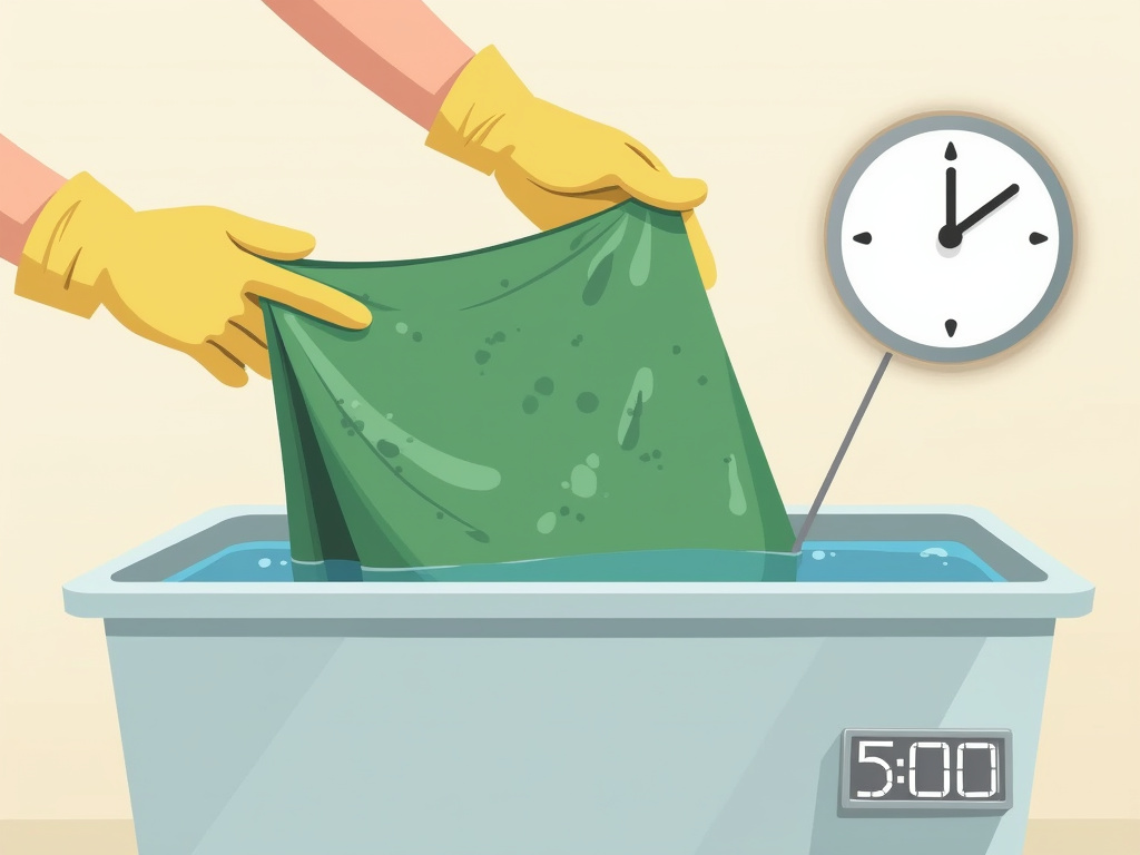 Soaking a moldy tent in a vinegar solution with a five-minute timer.