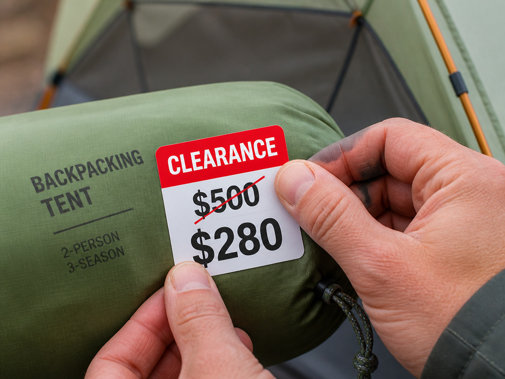 Close-up of a clearance sticker being placed on a discounted tent in autumn.