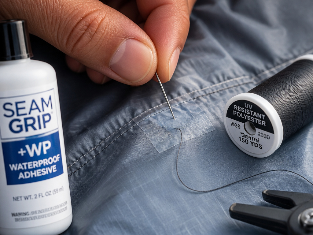 Close-up of stitching a tent tear after applying a tape patch.