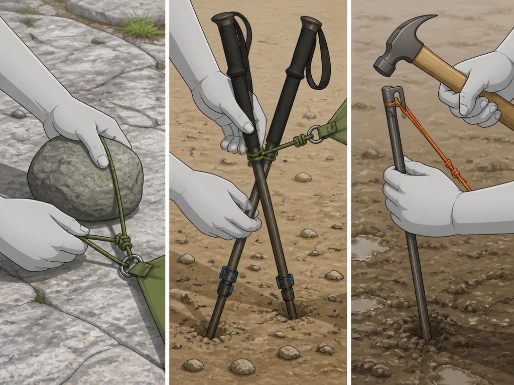 Alternative tent anchoring techniques for rocky, muddy, or treeless ground.