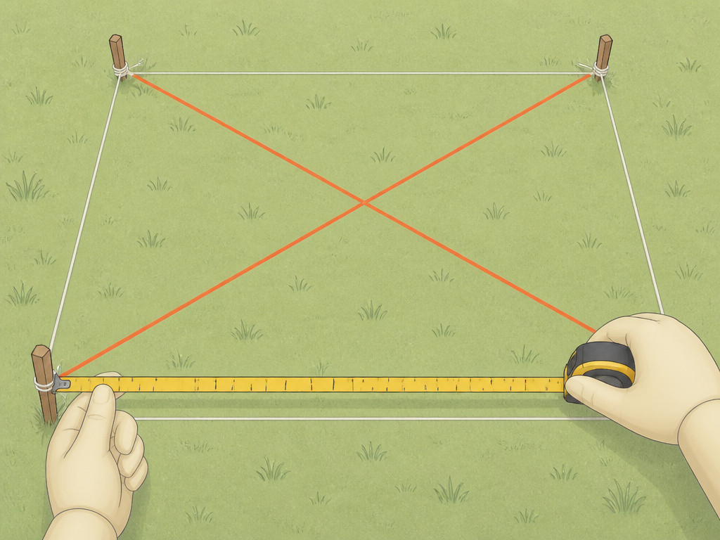 Diagram of pre-staking a tent corner with tape measure for perfect square layout.