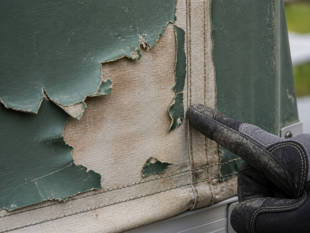 Close-up of tent trailer canvas with severe delamination and seam damage