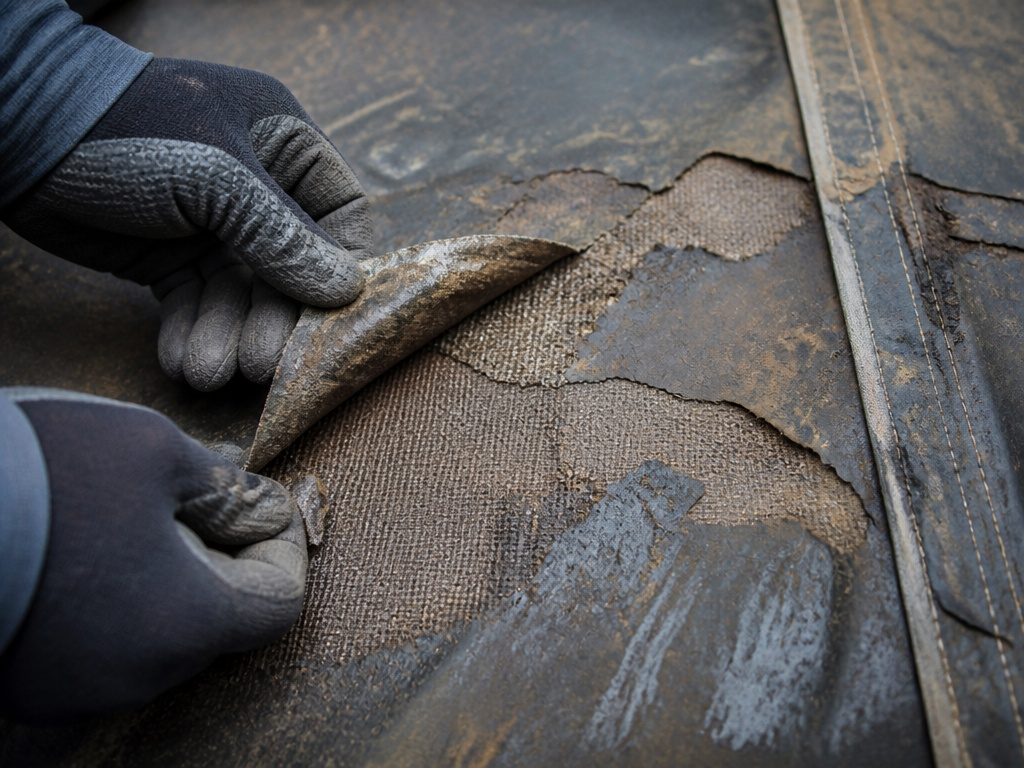 Close-up of tent fabric with severe PU coating delamination and flaking.