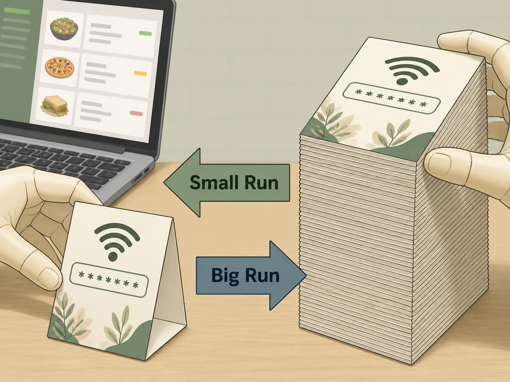 Comparing small batch versus large volume table tent printing for events and branding.