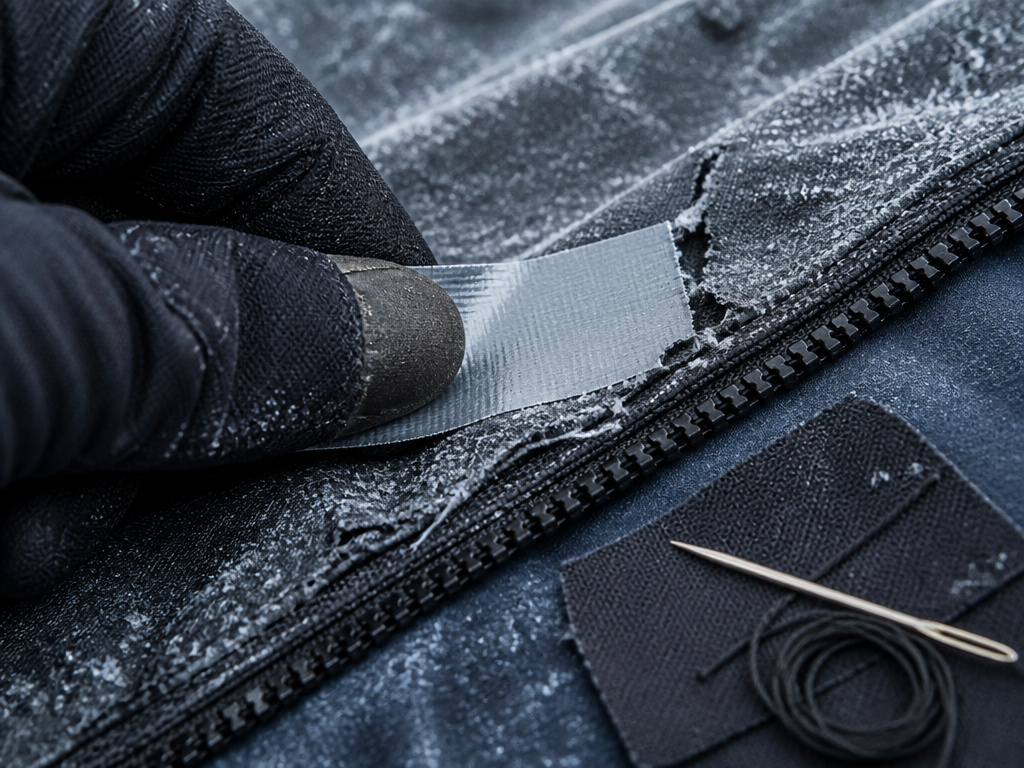 Duct tape temporary repair on a frosty tent zipper in cold conditions.