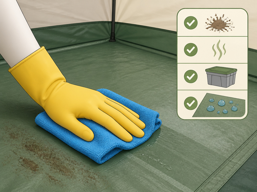 Cartoon diagram showing when to wash a tent versus when to wipe it down.