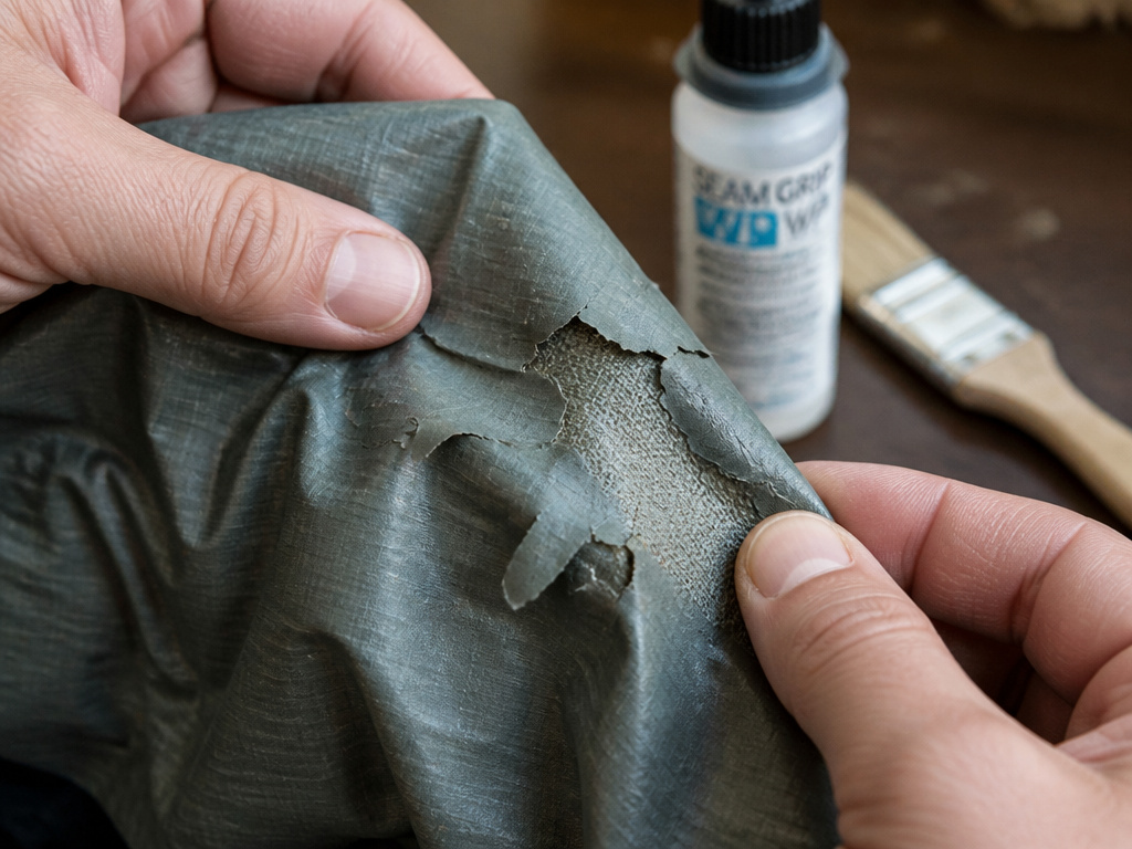 Close-up of flaking tent coating, showing why waterproofing is sometimes futile.