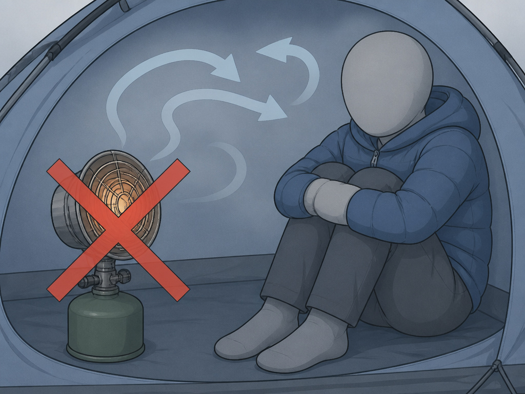 Warning against using a portable heater in a small, poorly ventilated camping tent.