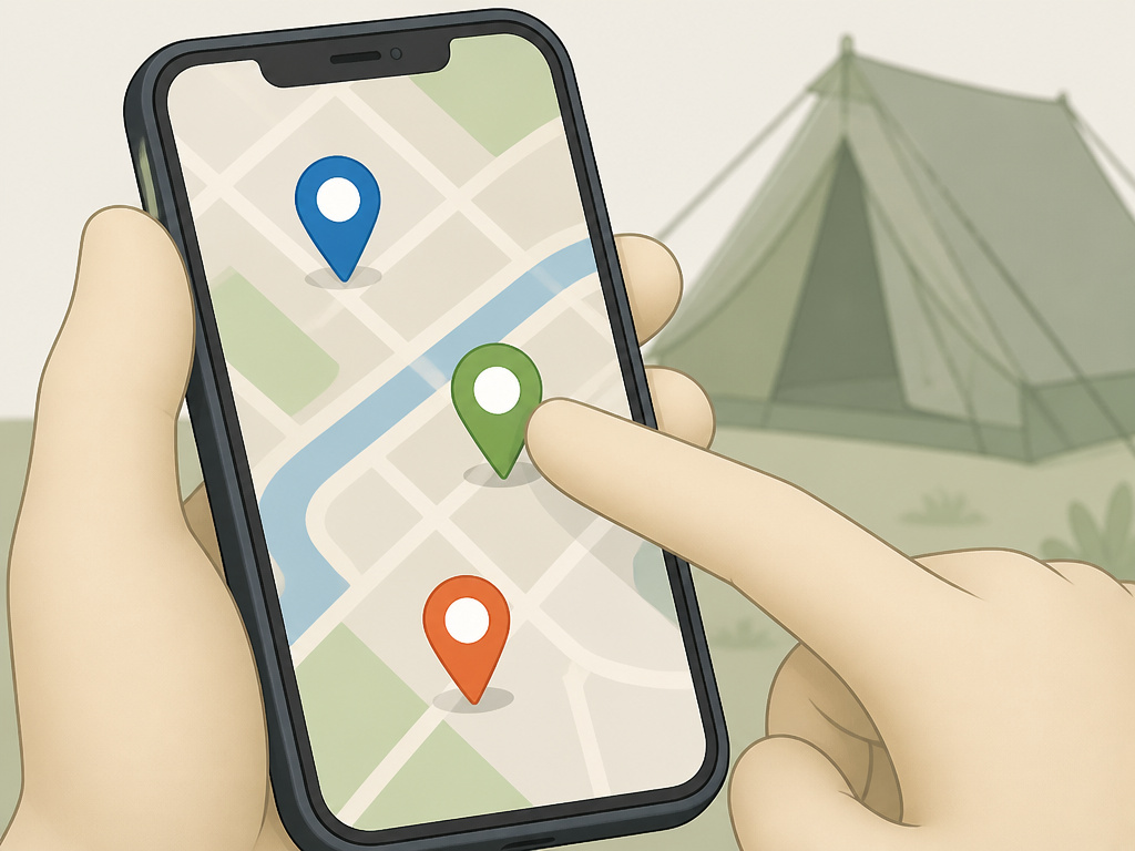 Cartoon map showing three main sources for booking a tent rental.