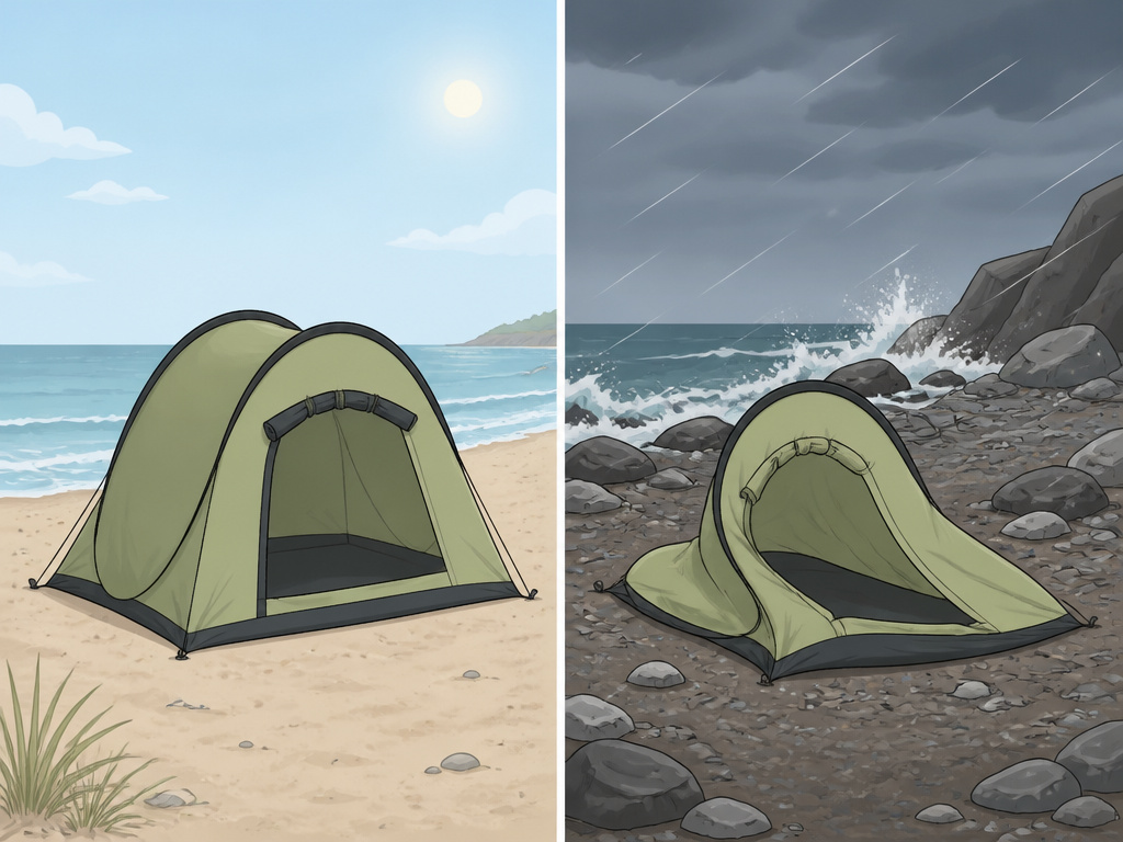 Pop-up tent success on beach versus failure in windy coastal conditions
