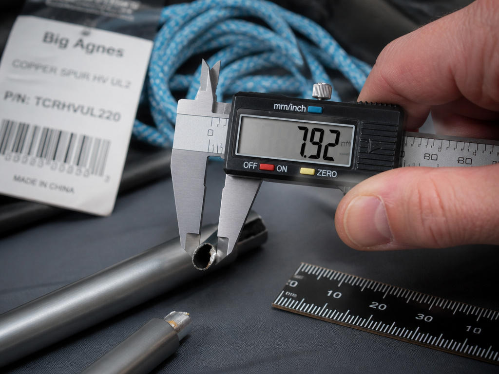 Measuring a broken tent pole diameter with calipers for exact replacement parts.