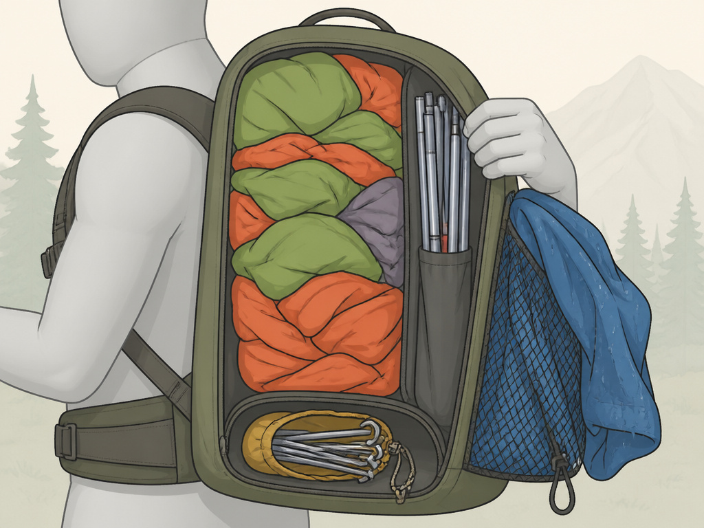 Diagram showing where to pack tent components in a backpack for optimal weight distribution.