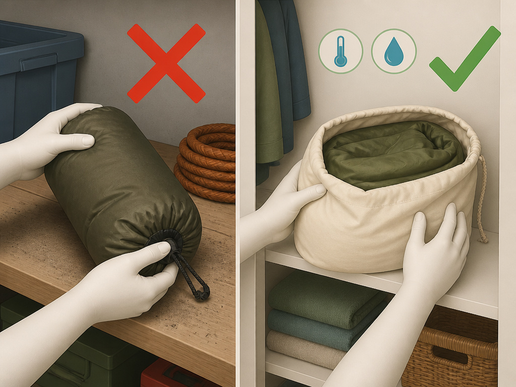 Proper versus improper winter tent storage locations and bags diagram.