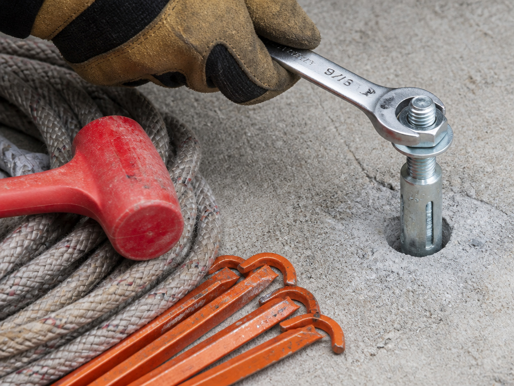 Concrete anchor and tent stakes for securing a tent on hard or soft ground.