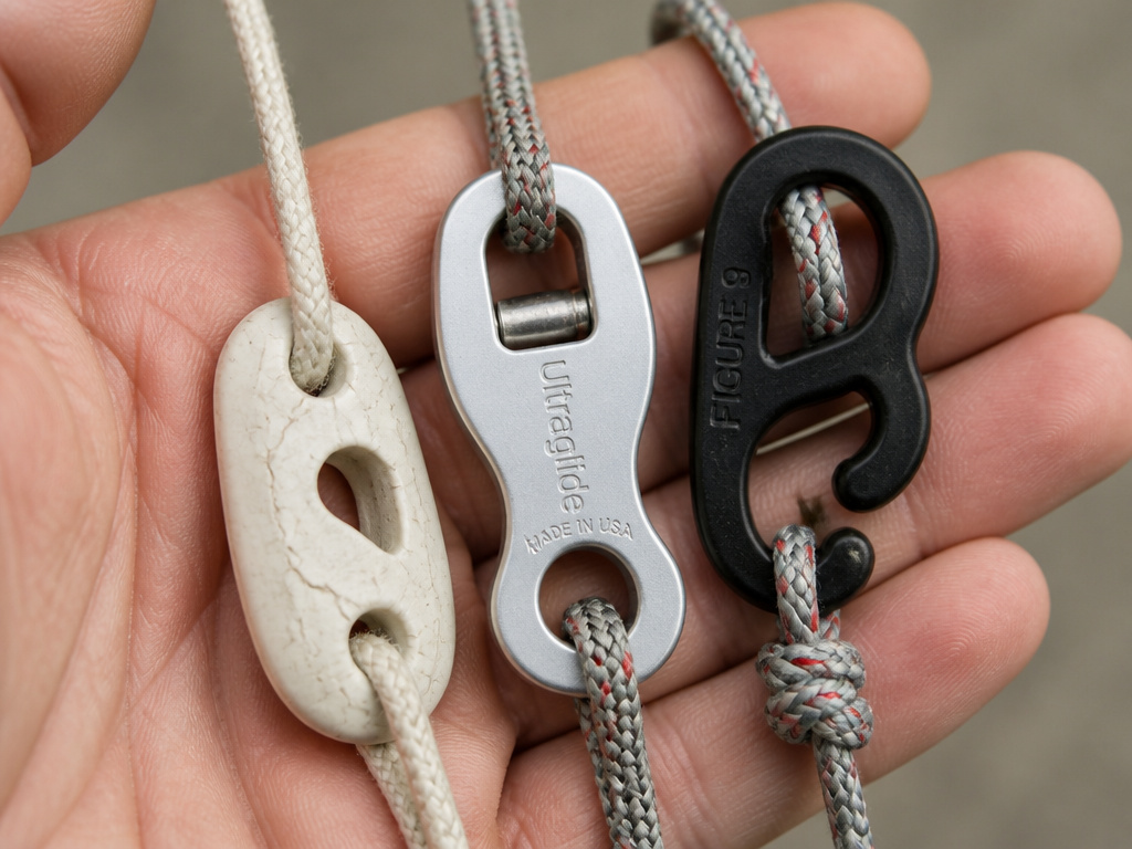 Comparison of broken plastic, aluminum, and carabiner-style tent guy rope tensioners.