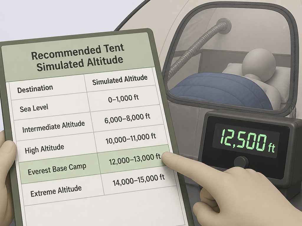 Hypoxic tent altitude settings chart for Everest, Kilimanjaro, and Colorado expeditions.