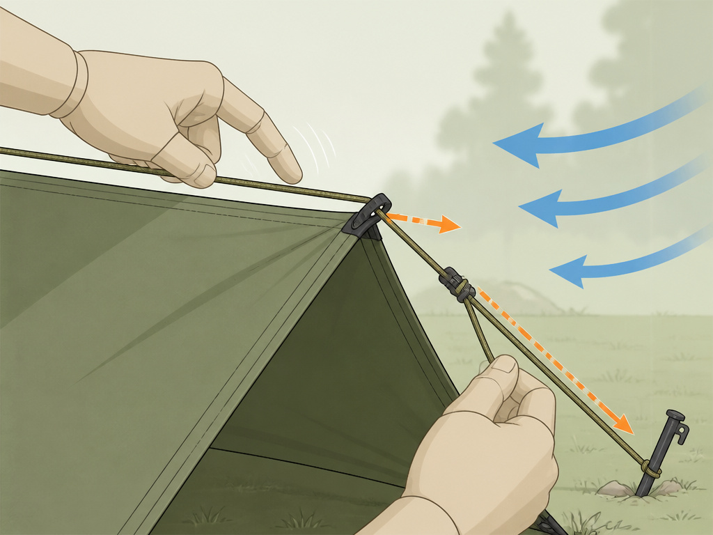 Diagram of a taut A-frame tarp setup oriented correctly for windy conditions.