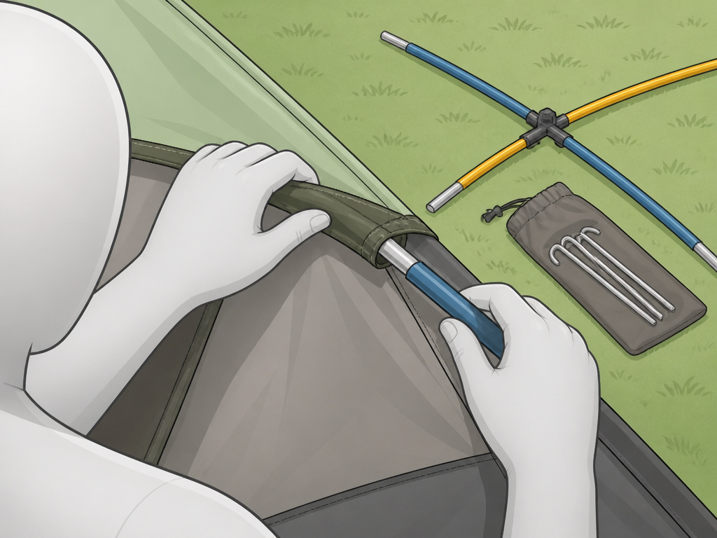 Close-up diagram of hands assembling flexible poles on a dome tent.