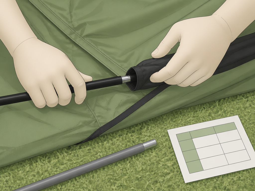 Close-up of hands threading a black tent pole through its matching black sleeve.