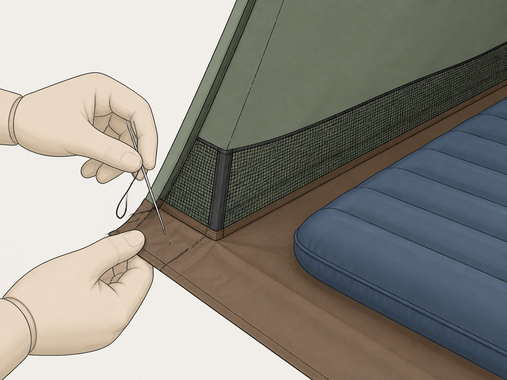 Sewing a sewn-in bathtub floor to a tarp tent wall, close-up illustration.