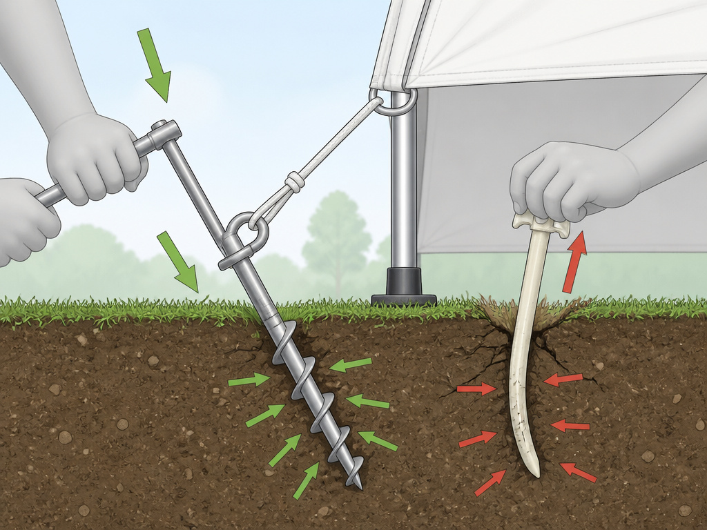 Diagram showing correct angle for staking a party tent to resist wind.