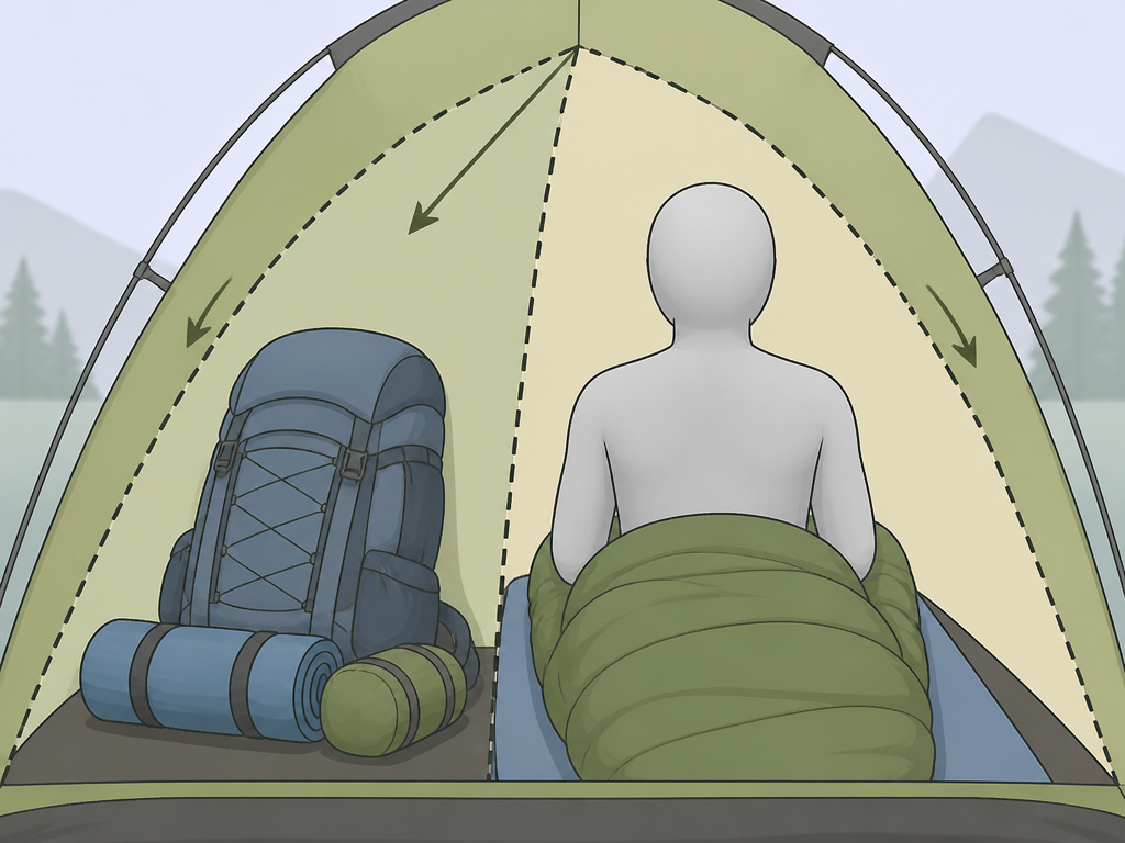 Cartoon diagram showing cramped tent space due to sloped walls and gear.