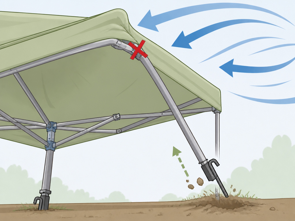 Diagram showing how wind lifts a canopy corner, causing collapse due to improper staking.