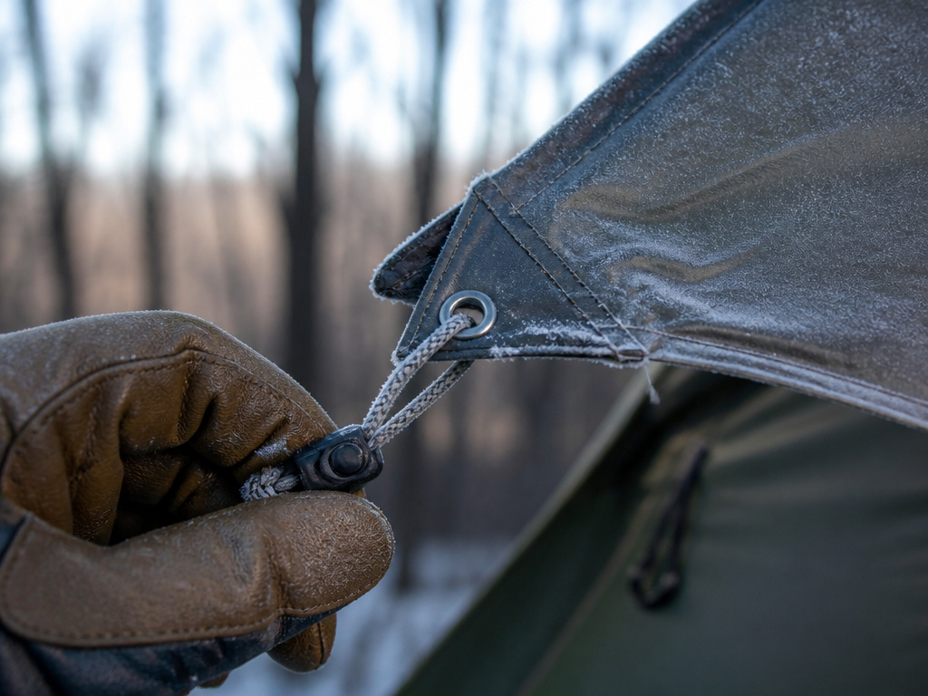Close-up of adjusting a slack guyline on a frosty tarp over a tent at dawn.