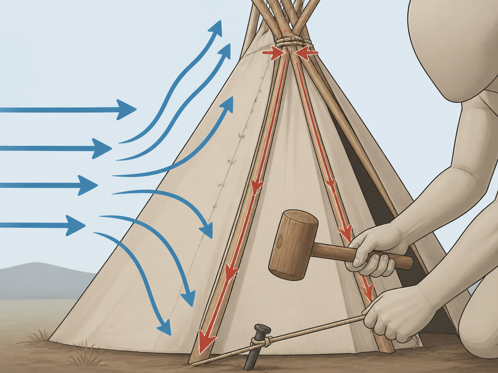 Diagram showing how a teepee's cone shape deflects wind force down its poles.