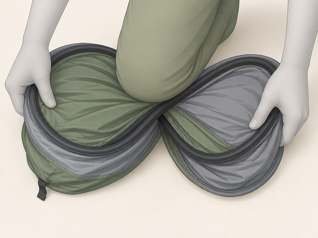 Cartoon diagram showing how to fold a pop-up tent into a figure-eight shape.