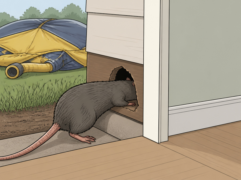 Cartoon rat re-entering a house through a foundation hole after fumigation.