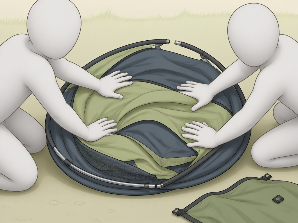 Two people struggling to fold a large, resistant pop-up tent together.