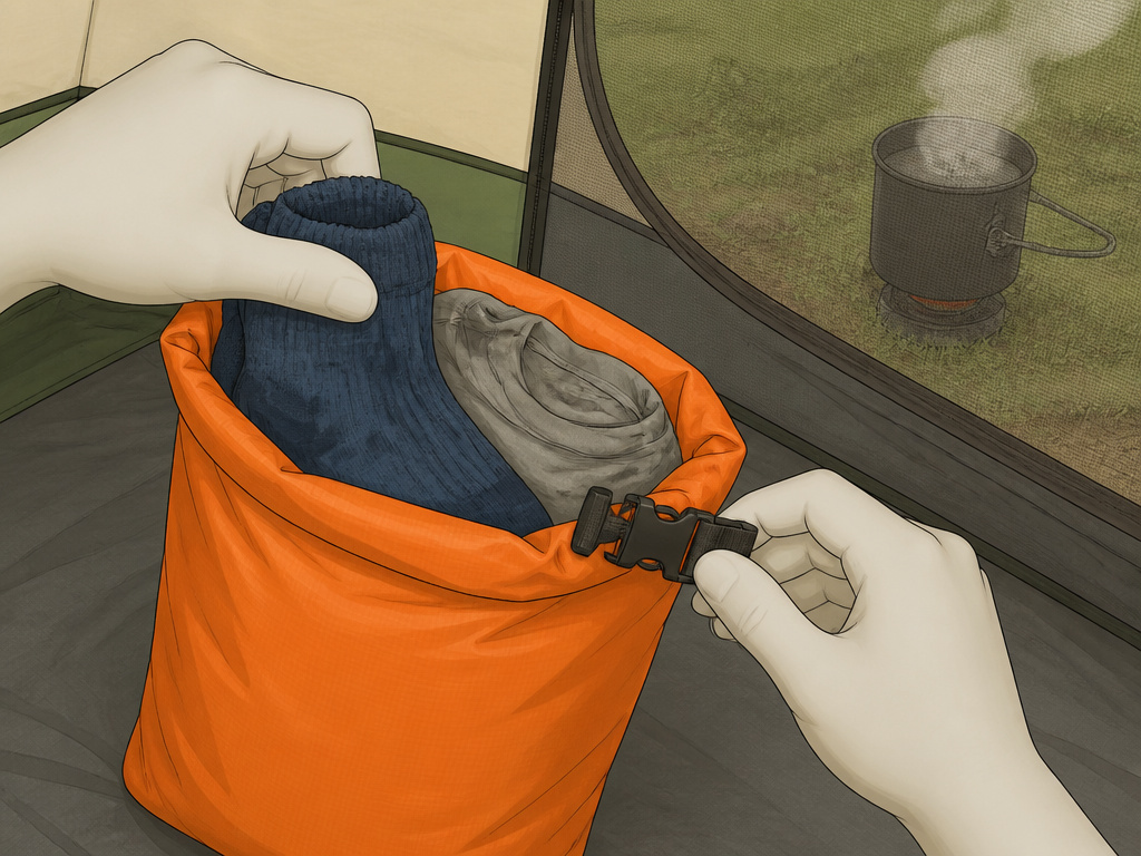 Sealing wet clothes in a dry bag inside a tent vestibule to prevent condensation.