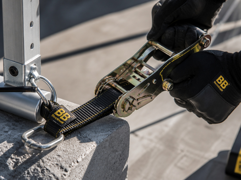 Close-up of a ratchet strap securing a canopy tent corner to concrete ballast.