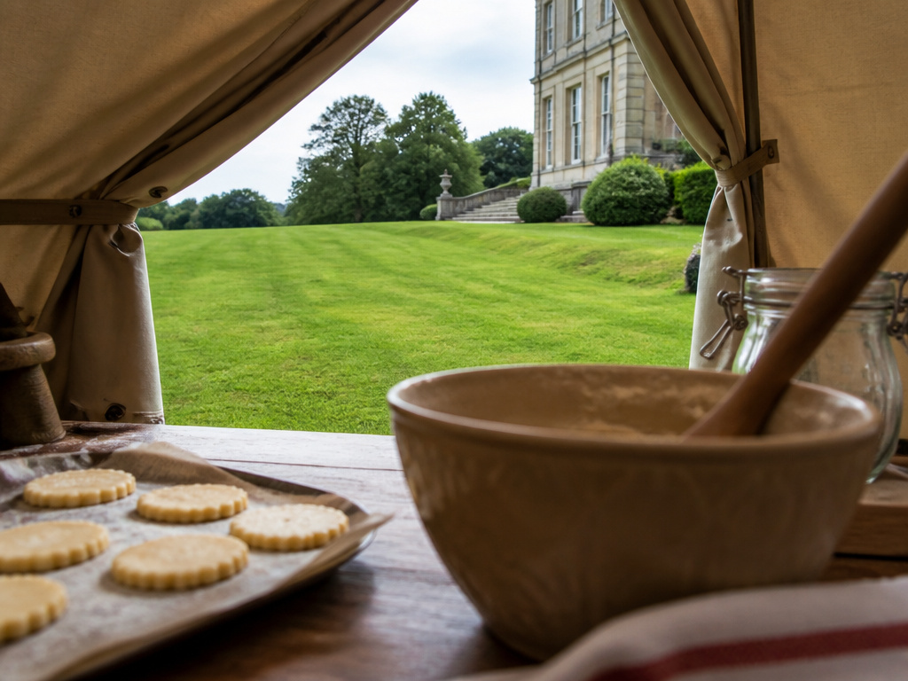 Inside the Bake Off tent looking out at the private estate and grand house