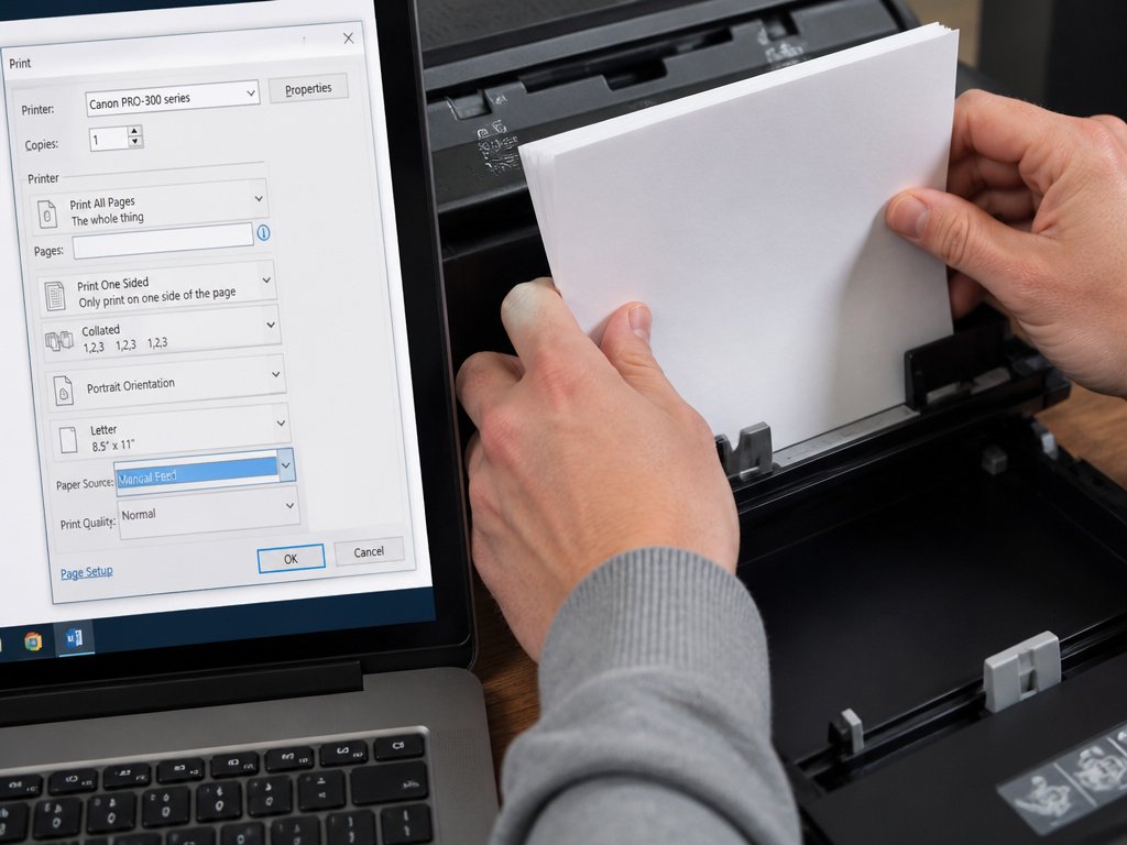 Loading card stock into a printer's manual feed tray for table tent printing.