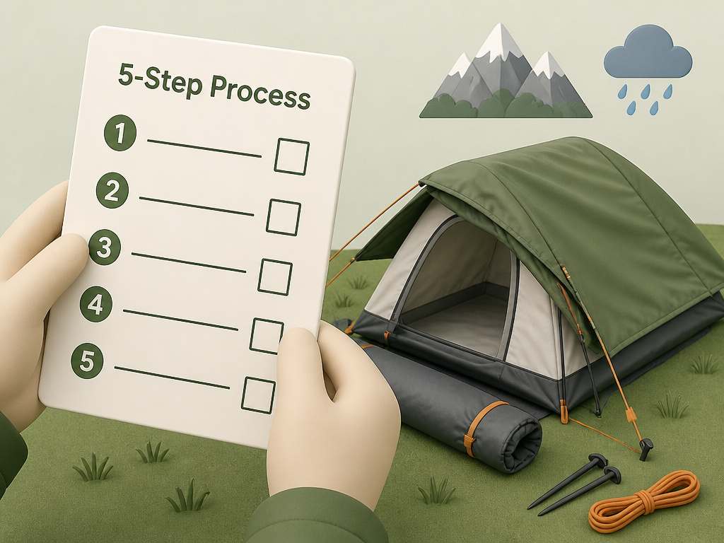 Cartoon checklist and tent for choosing the right camping tent brand.