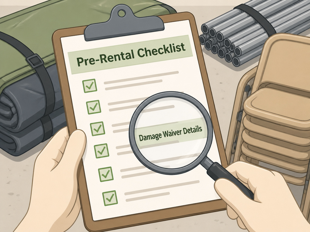 Tent rental checklist with clipboard, folded tent, and camping chairs for event planning.