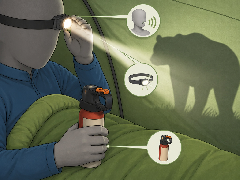 Using voice, light, and bear spray in correct order inside a tent.